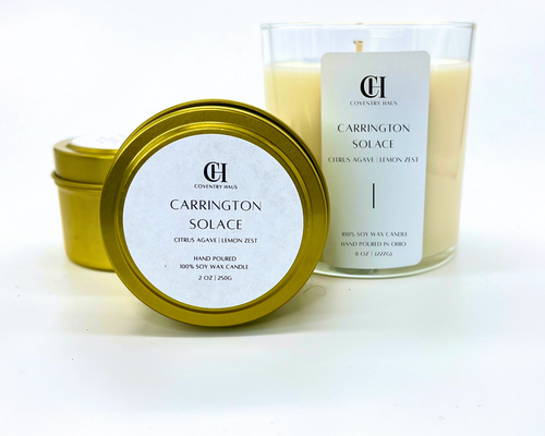 Carrington Solace candles in a tin and glass on a white background